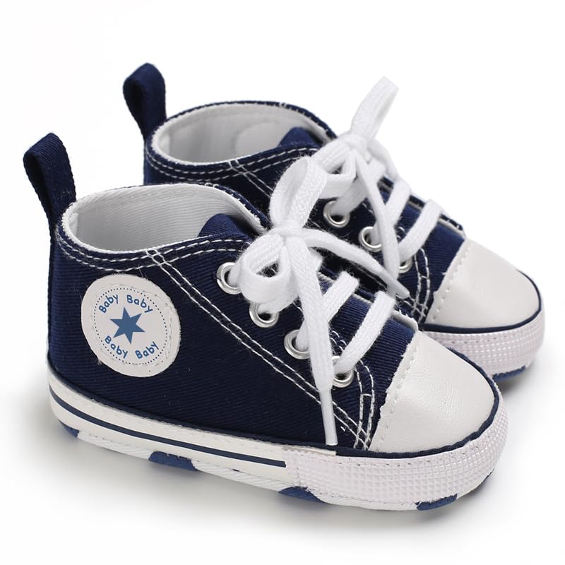 Image of Unisex Baby Boys Girls Shoes, Newborn Infant Non-Slip Canvas Denim High Top Sneakers, Toddler First Walkers Shoes