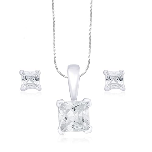 925 Sterling Silver White Cz Square Shape Pendant Set For Women