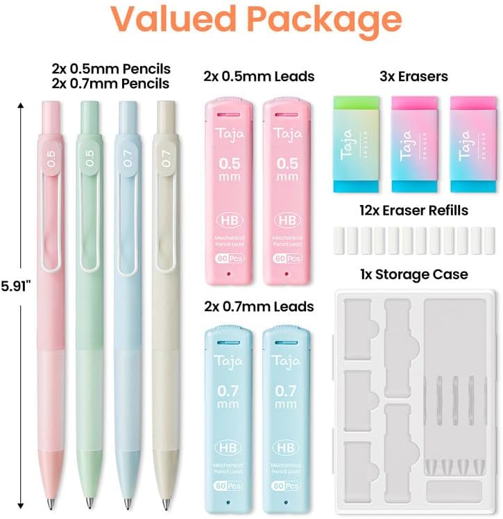 Taja Cute Mechanical Pencil Set, 4 Pcs Pastel Mechanical Pencils 0.7 & 0.5mm with 4 Tube Leads 3 Erases & 12 Eraser Refills, Aesthetic pencils for Girl Boy, Back to School Supplies-Pastel