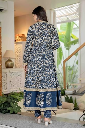 Image of Pistaa's Women's Pure Cotton Anarkali Floral Printed Hand Work Kurta with Pant & Dupatta Set