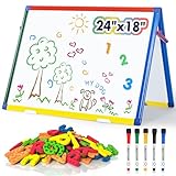 SWANCROWN Magnetic Board for Kids-Tabletop White Board for Children- 24x18 Inch Double Sided Foldable Dry Erase Board Standing with 82Pcs Alphabet Magnets Whiteboard Letters