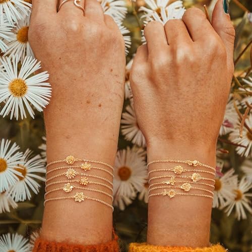 MYEARS Birth Flower Bracelets for Women Gold Sideways Charm 12 Months 14K Simple Dainty Chain Floral Jewelry Gift2