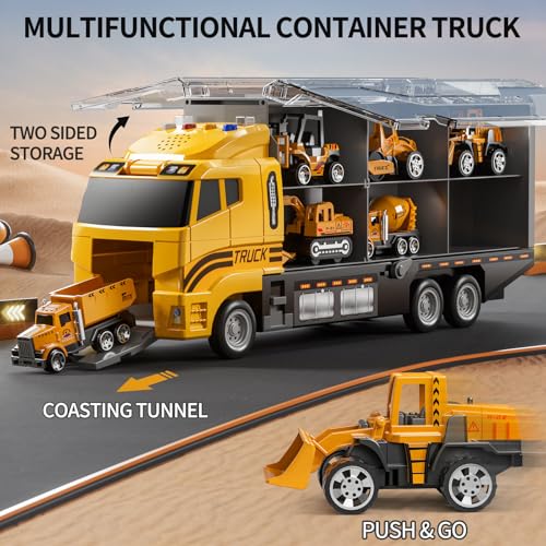 TEMI Construction Truck Set with Play Mat, Carrier Truck Toys for Kids Toddlers, Die-Cast Metal Toy Car Set, Christmas Birthday Gift for Age 3 4 5 6 + Years Old Boys Girls - Image 6