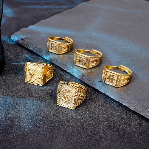 5Pcs 18K Gold Filled Hip Hop Gold Rings Set for Men Women Signet Kanji Rings Rich Luck Wealth Success Dollar Ring Set Adjustable Size2