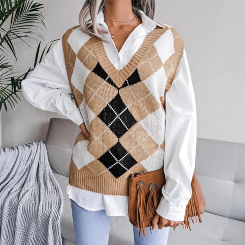 Image of Women's V Neck Knit Sweater Vest Plaid Sleeveless Crop Knitwear Tank Pullover Top