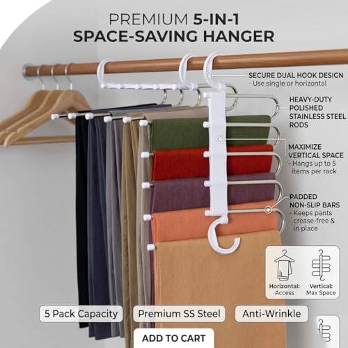 Image of 5 Layer Cloth Hanger Space Saving Closet Organizer, Multi-Tier Trouser & Jeans Hanger, Foldable Wardrobe Storage Rack for Pants, Scarves, Sarees & Clothes - Heavy Duty Anti-Slip Design