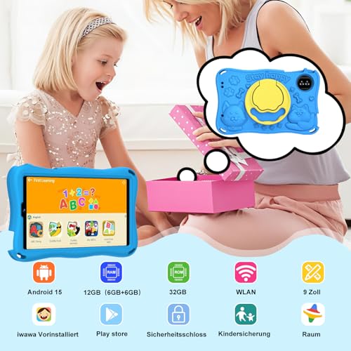 Kinder Tablet 9 Zoll, mit 32GB ROM + 2TB TF Android15 Face ID Eva Case Blau – Ansicht 2