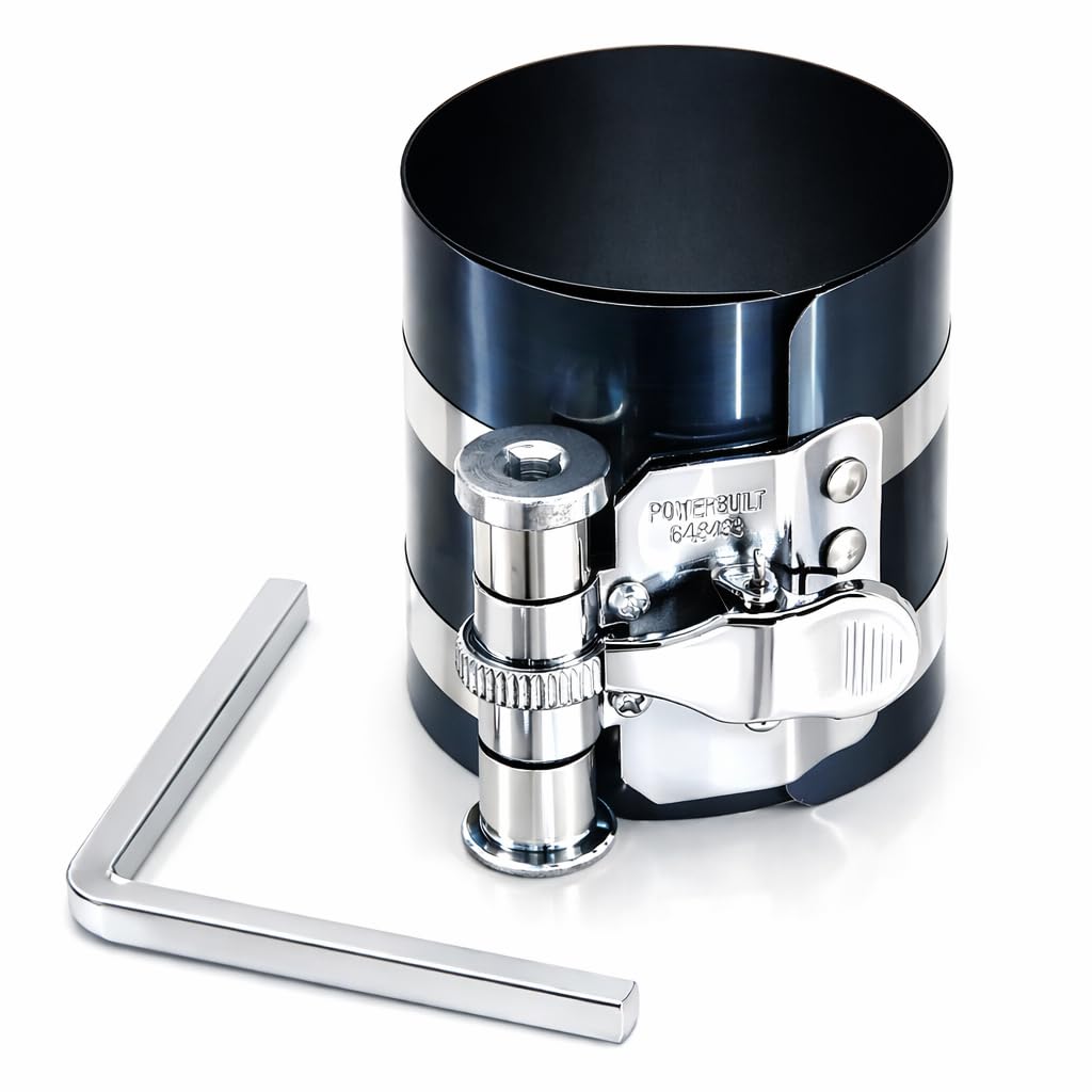 Powerbuilt Piston Ring Compressor, 2 Inch to 5 Inch Diameter, Compress Pistons, Ratcheting Lock, Release Lever, Slide into Cylinder - 648433, Silver