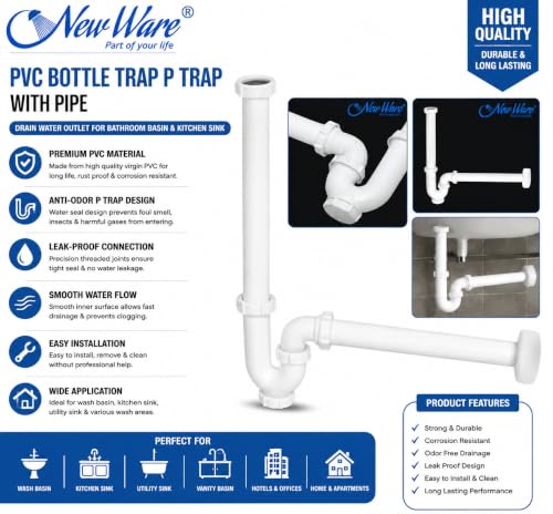 Image of NEW WARE PVC Bottle Trap P Trap with Extension Pipe for Wash Basin & Kitchen Sink | Bathroom Drain Water Outlet Waste Pipe | Anti Odor Leak Proof Waste Drain Pipe White