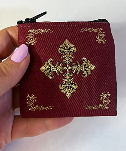 Needzo Rosary Pouch Jewelry Pouch With Cross Cloth Tapestry - 2 Sided - Small With Zipper, Burgundy With Gold Color2