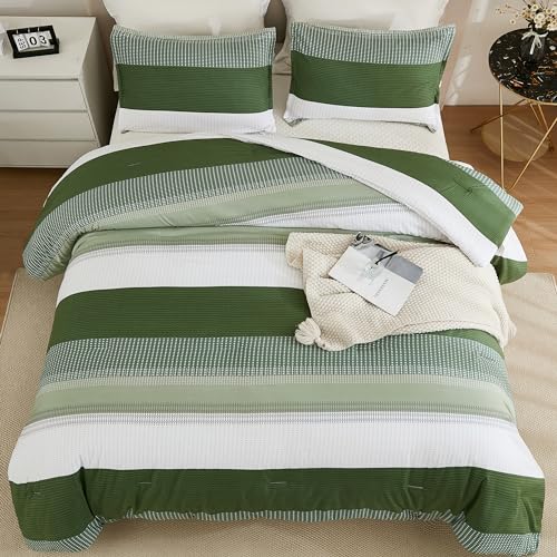 Litanika Olive Green Comforter Set King - 3 Pieces Lightweight Olive Green White Colorblock Stripe Fluffy Bedding Comforter Sets, All Season Bed Set