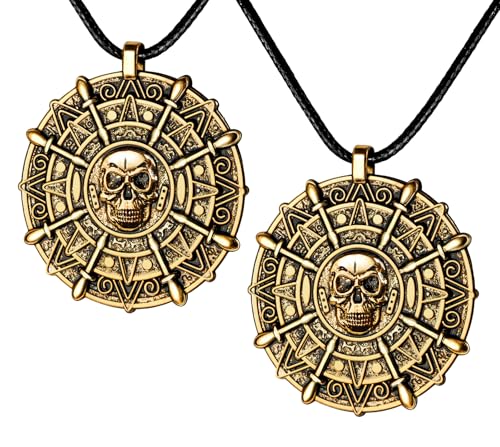 ZIZWO 2PCS Pirate Coin Necklace,Pirate Skull Necklace for Kids,Halloween Costume Accessories for Pirate Party Cosplay