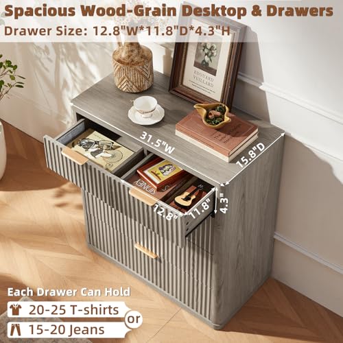 Image of LEYAOYAO Fluted 5 Drawers Dresser for Bedroom Set of 2, 34 inch Tall Modern Chest of Drawers with Metal Handle, Curved Profile Design,Grey Wood Drawer Organizer for Bedroom, Living Room, Hallway
