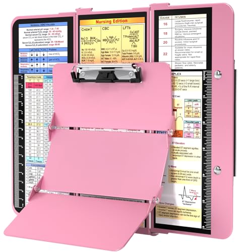 Nursing Clipboard Foldable, Foldable Clipboard w/Nursing Edition Cheat Charts, 3 Layers Aluminum, Nurse Clipboard w/Low Profile Clip&Pen Clip Pocket Clipboard for Students, Nurses and Doctors, Pink