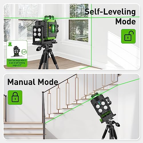 Huepar 3 x 360° Laser Level Green 3D Self-Leveling Cross 12 Lines Laser Level Three-Plane Leveling and Alignment Laser Tool, Rechargeable Li-ion Battery with Type-C Charging Port & Hard Carry Case