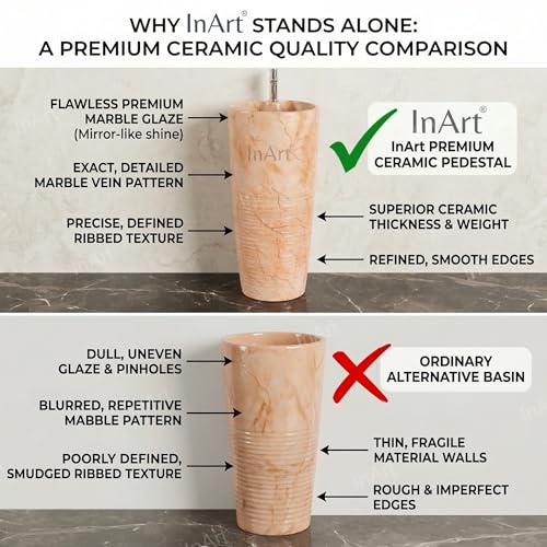 Image of InArt One Piece Ceramic Pedestal Free Standing Round Wash Basin for Living Room and Bathroom (15 x 15 x 33 Inch) (Orange Marble)