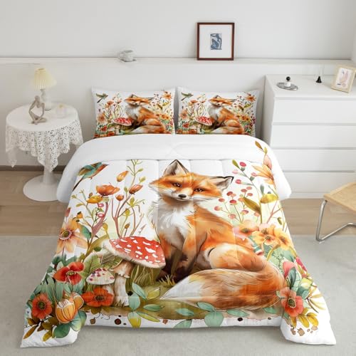 Homewish Orange Fox Comforter,Red Mushroom Bedding Set for Kids Girls Boys,Teens Adults Botanical Leaf Comforter,Watercolor Fox Quilted Duvet Set Bedroom Collection Twin Size 2Pcs