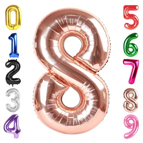 Image of 40 In Rose Gold Number 8 Balloon, 8th Birthday Party Decorations for Women | 40 Inch Rose Gold inflatable foil number balloons, large birthday decorations for 8th birthday