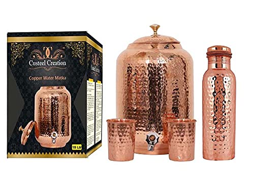 Custeel Creation Traditional Fiber Hammered Copper Water Dispenser Container Pot Matka, Storage Water, Vessel 1 Tank 2 Glass 1 Bottle (15 Ltr Tank 1 Bottle 2 Glass)