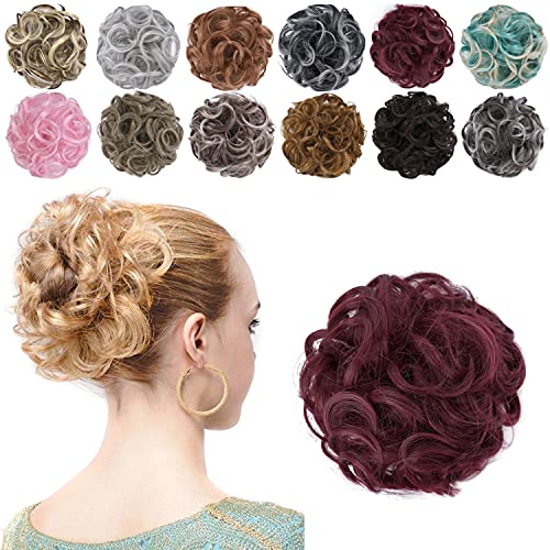 GIRLSHOW Elastic Wave Curly Hair Buns Chignons Hair Scrunchy Extensions Wrap Ponytail Updos Tousled Bun Hairpieces for Women Girls (Dark Wine Red -#26)