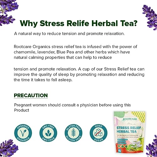 Image of Rootcare Organics Stress Relief Herbal Tea loose leaves | Ashwagandha, Brahmi & 21 Ayurvedic Herbs leaf | Natural Relaxation & Sleep Support | Reduces Anxiety | 100% Organic | Pack Of 1 Month | 100g