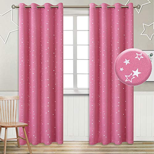 Image of BGment Kids Blackout Curtains for Bedroom - Grommet Thermal Insulated Silver Star Print Room Darkening Curtains for Living Room, Set of 2 Panels (55 x 96 Inch, Pink)