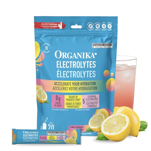 Organika Canadian-Made Electrolytes Powder with Vitamin C & Prebiotic Fibre - Sugar-Free Hydration Drink Mix - Wild Raspberry - 20 Single-Serve Sachets x 3.5g