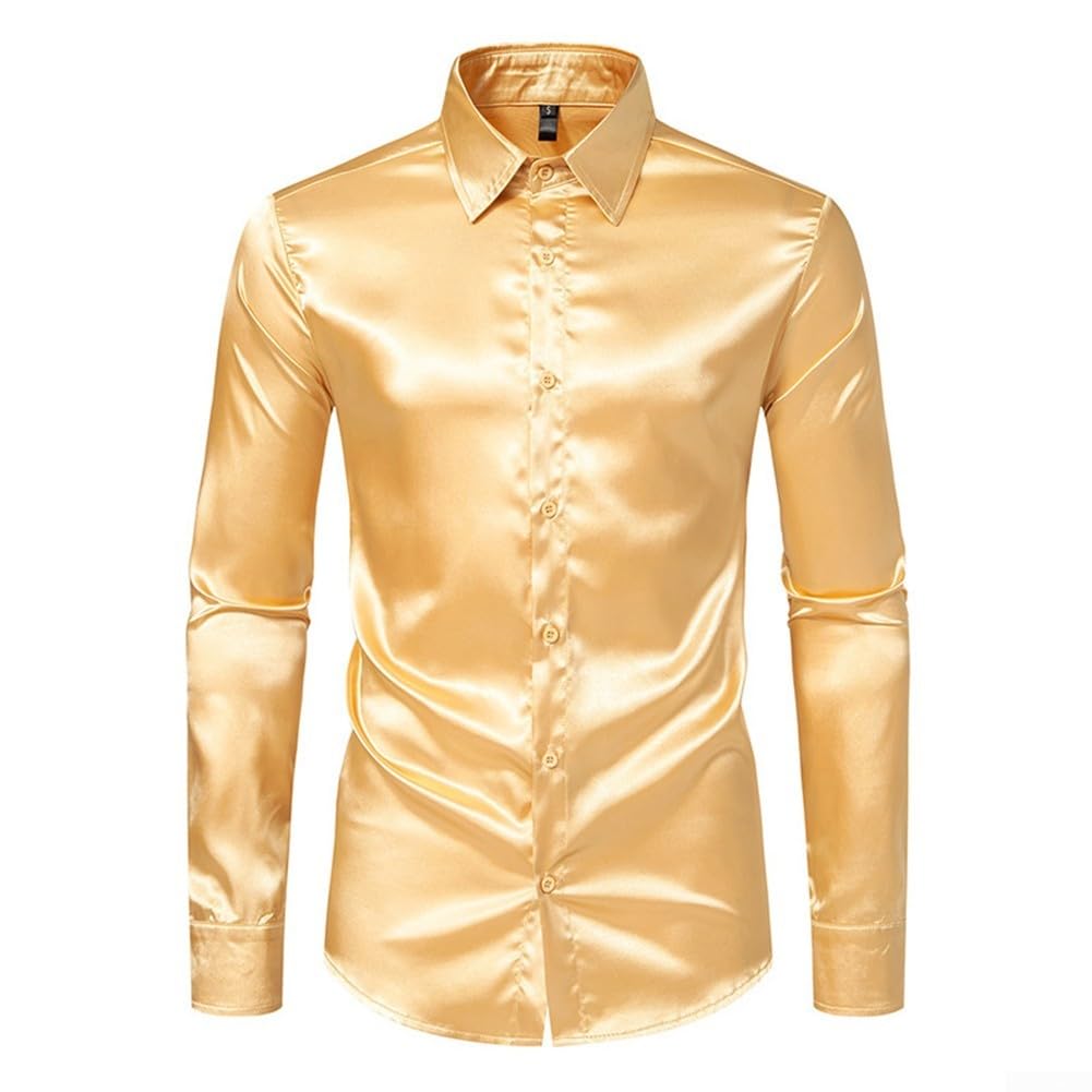 QOXEZY Camicia da uomo in raso di seta casual slim fit abbottonatura giù partito manica lunga