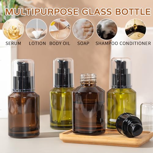 4 Pack 2oz Glass Pump Bottles Set for Toiletries, 2 Amber & 2 Green Pump Bottle Dispenser with Travel Pouch, Leak-Proof Mini Pumps Dispenser for Lotion, Serum, Oil - TSA Approved Travel Size Container2