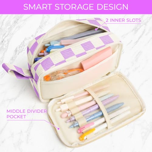Image of WOBAGMEN Cute Pencil Case,Large Corduroy Zippered Pencil Case Pouch, Aesthetic Pencil Bag with Compartments(Purple Gingham)