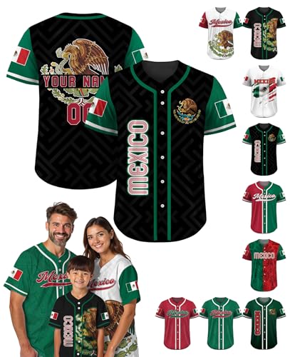 Custom Baseball Jersey – Personalized Name, Number & Logo, Mexican Baseball Button Up Mexico Flag Jersey for Men, Women, Youth, Toddlers