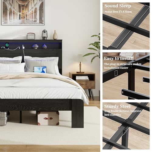Image of King Size Wooden Bed Frame with Headboard, Rustic Farmhouse Wooden Bedframe with LED Lights and Charging Station, Easy Assembly, No Box Spring Needed (Black, King)