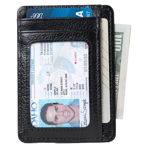 Image of KARAKORAM LEATHER Handcrafted Front Pocket Credit Card Holder with RIFD Blocking | Premium Cowhide | Artisan Made Slim Leather Wallet | Quick Access Thumb Push Slots for Cards and ID (Jet Black)
