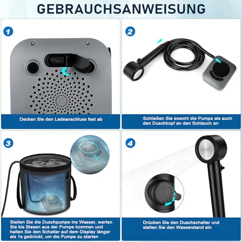 Spopal Campingdusche Tragbare, [USB-Laden 8000mAh] Camping Dusche mit Pumpe, Mobile Dusche Outdoor Set mit Duschkopf und 2M Schlauch für Camping Garten Autowaschen Strand Reisen Haustier (Grau)