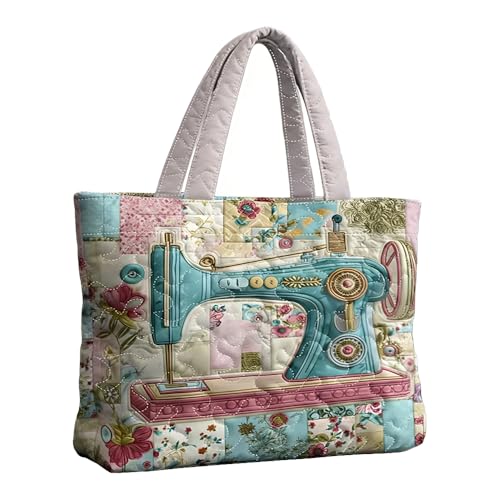 2026 Sewing Machine Print Floral Quilted Tote Women's Casual Shoulder Bag Daily Handbag For Shopping (A02,F)