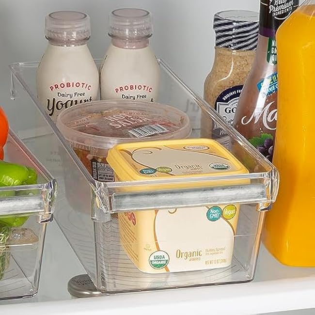 Kitchen Details 2 Pack Slim Refrigerator Storage Bin | Fridge & Freezer | Kitchen Organization | Stainless Steel Handle | Countertop | Cabinets | Pantry | Clear
