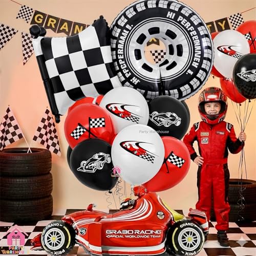 Image of Party Warehouse Racing Car Balloon Set for Birthday-5Pcs | Race Theme Foil Balloons for Race Lovers|Tyre & Checkered Flag Balloons for Kids /Adults Party Decorations (Car set)