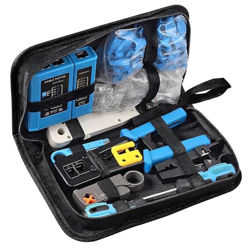 Image of XIKKART Crimping Tool RJ45, Wire Cutter, Tool Kit, Cat5 Cat5e Cat6, 50PCS RJ45 Cat6 Passthrough Connectors, 50PCS Covers, Network Cable Tester, Wire Punch Down Cutter, Battery, Pass Through Tool kit