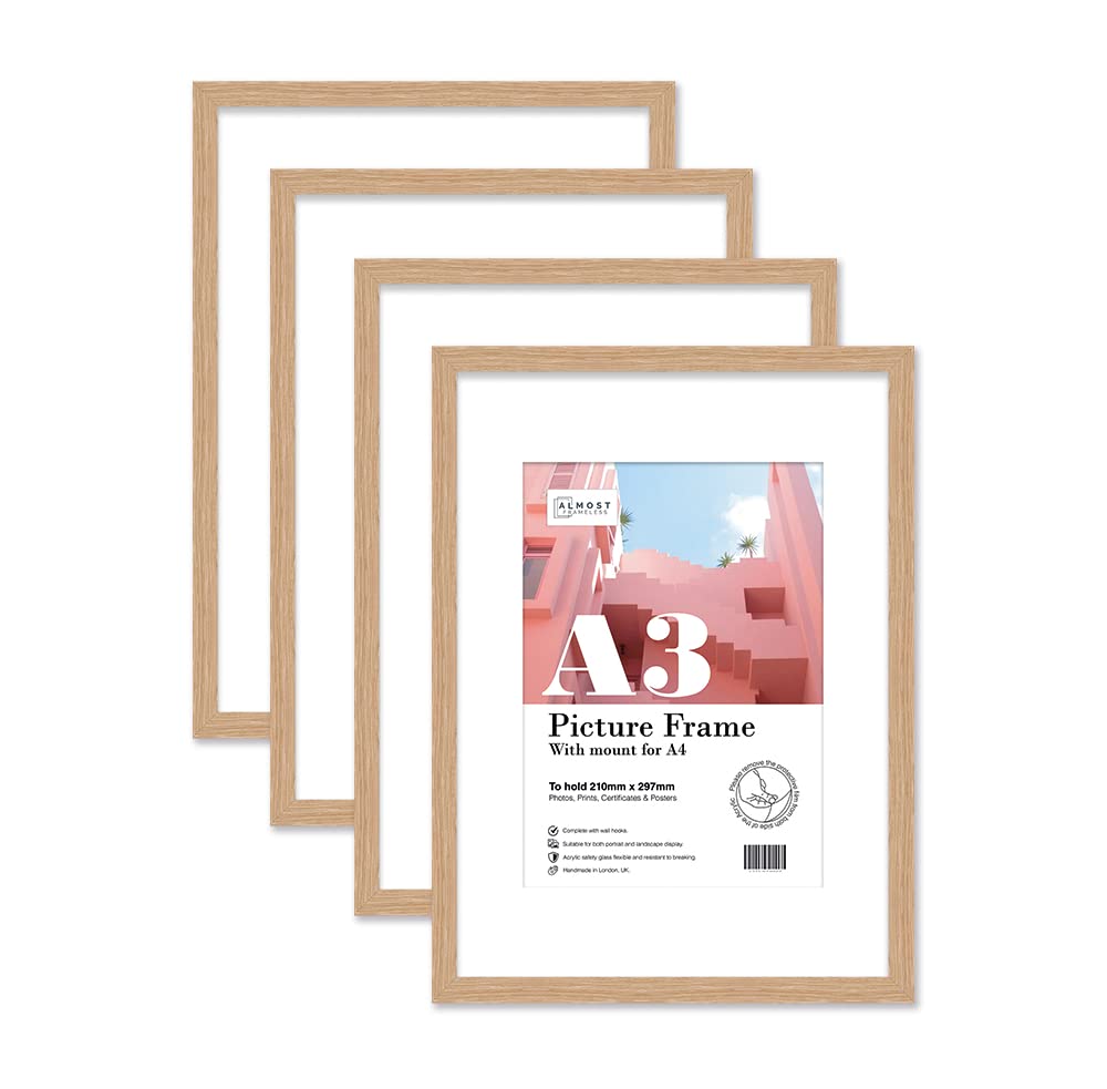 Almost Frameless A3 Oak Picture Frame Set of 4, Display A4 Pictures with Mount or A5 Without Mount Gallery Wall, Poster, Photo, Artwork, or Print, Oak