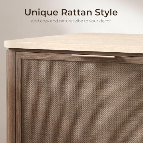 Image of Night Stand Set of 2, 23.11 inch W Rattan Nightstand with 2 Drawers, Faux Marble Top Bedside Table, Boho Mid Century End Table for Bedroom Living Room Sofa Office, Dark Oak [FSC Certified]