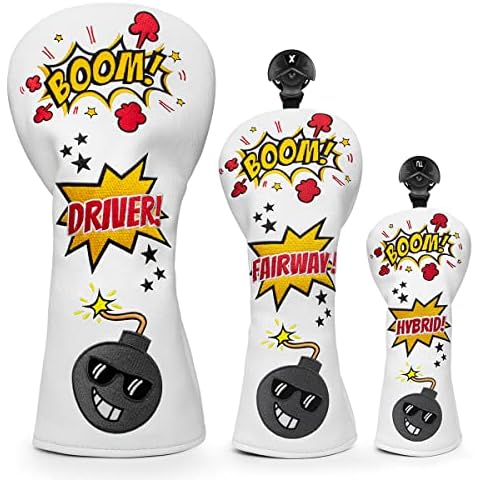 Lustige Bombe Golf Driver Abdeckung Fairway Holz Abdeckung, Hybrid Covers Headcovers Set, Weiß Leder Golf Club Abdeckungen für Fahrer und Holz für Männer/Frauen Golfer Cover