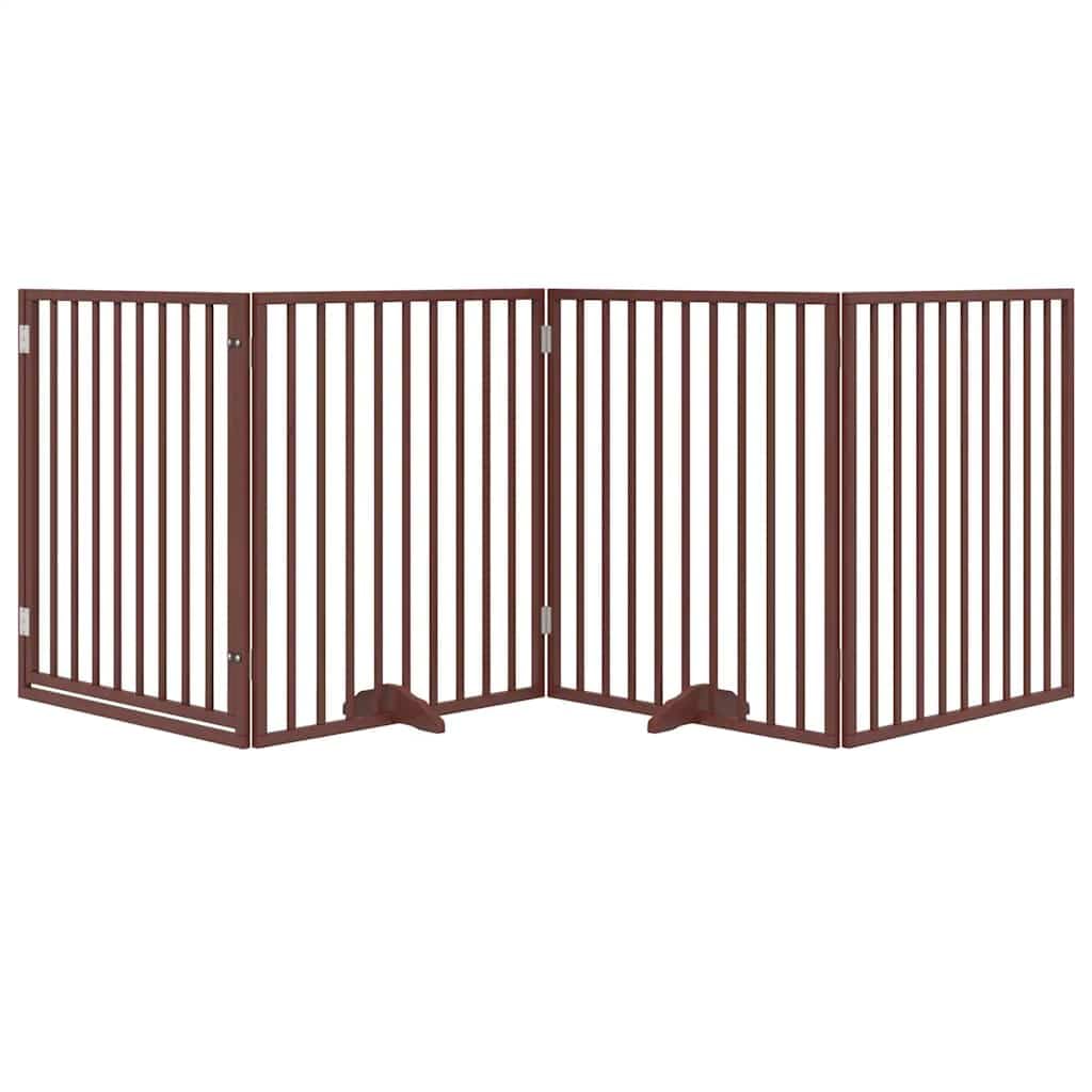 Barrera para perros con puerta plegable, 4 paneles, madera de álamo marrón, 320 cm, independiente, plegable, protección para perros, cachorros, interior y exterior, seguro y portátil