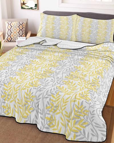 3-Piece Summer Quilt King Size,Yellow Grey Botanical Lightweight Cooling Bedding Comforter Blanket with 2 Pillow Shams,Pastoral Spring Summer Leaf Aesthetics Bedspreads Quilted Coverlet Sets 96