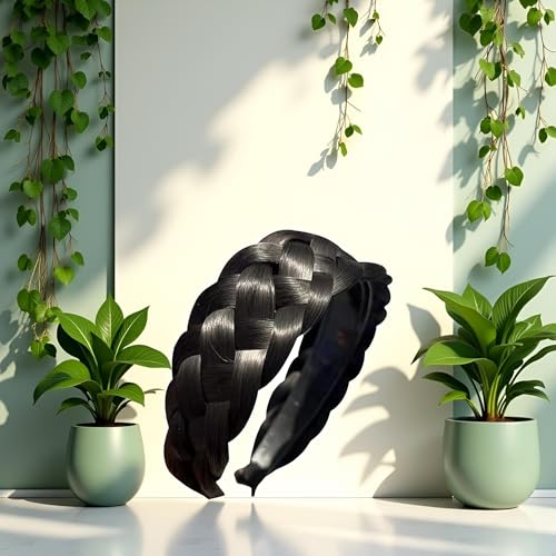 Twist Braided Headband Wig Headband Wide-Brimmed Hair Hoop Simple Ponytail Braid Hairpiece Hairband Hair Accessories Stretch Quality Synthetic Braided Headbands Women Girl Hairs Braid(Black Brown) - Image 4