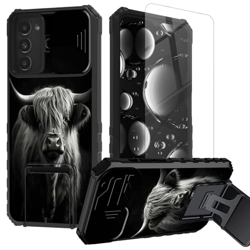 BREIDMKFM for Samsung Galaxy S23 Case with Screen Protector & Kickstand & Slide Camera Lens Cover Heavy Duty Dual Layer Rugged Phone Case for Galaxy S23,Black Highland Cow