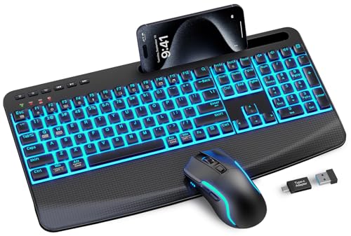 Wireless Keyboard and Mouse Combo, (Upgraded Version) Rechargeable Backlit Ergonomic Keyboard with 4000mAh Battery, Wrist Rest and Phone Holder, Quiet for PC/Mac/Laptop/Windows/Chrome OS - SABLUTE
