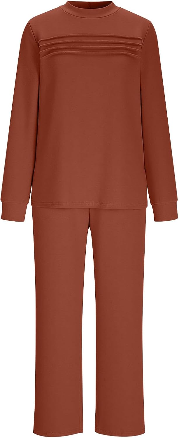 Womens Sweatsuits 2 Piece Sets Travel Outfits Spring Matching Lounge Set Long Sleeve Pleated Shirts Wide Leg Pants