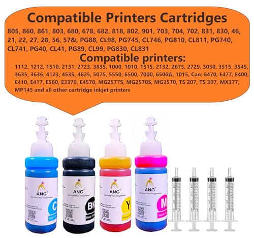 Image of ANG Refill Ink Bottle for 21 22 802 803 680 678 46 704 703 900 Inkjet Printer Cartridge - 100g Each Bottles B /C / /Y /M with 4 Syringe