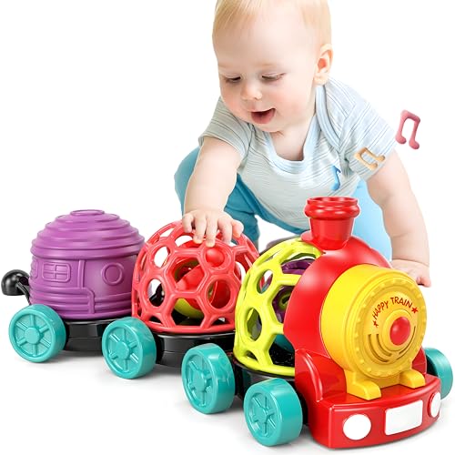 Wanonoo Baby Car Toys for 1 Year Old Boy Gifts, Musical Train Toy for Toddlers 1-3 Soft Rattles Push Developmental Baby Boy Easter Toys for 6-12 12-18 Months Easter Gifts Basket Stuffers for Toddler