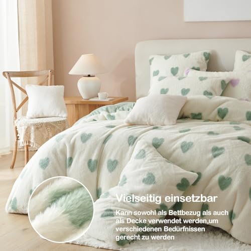 Sacebeleu Winter Bettwäsche 155x220 Plüsch Langhaar Flauschig Flanell Biber Bettbezug Grün Weiß Herzen Winterbettwäsche Warme Bettbezug und… – Ansicht 3